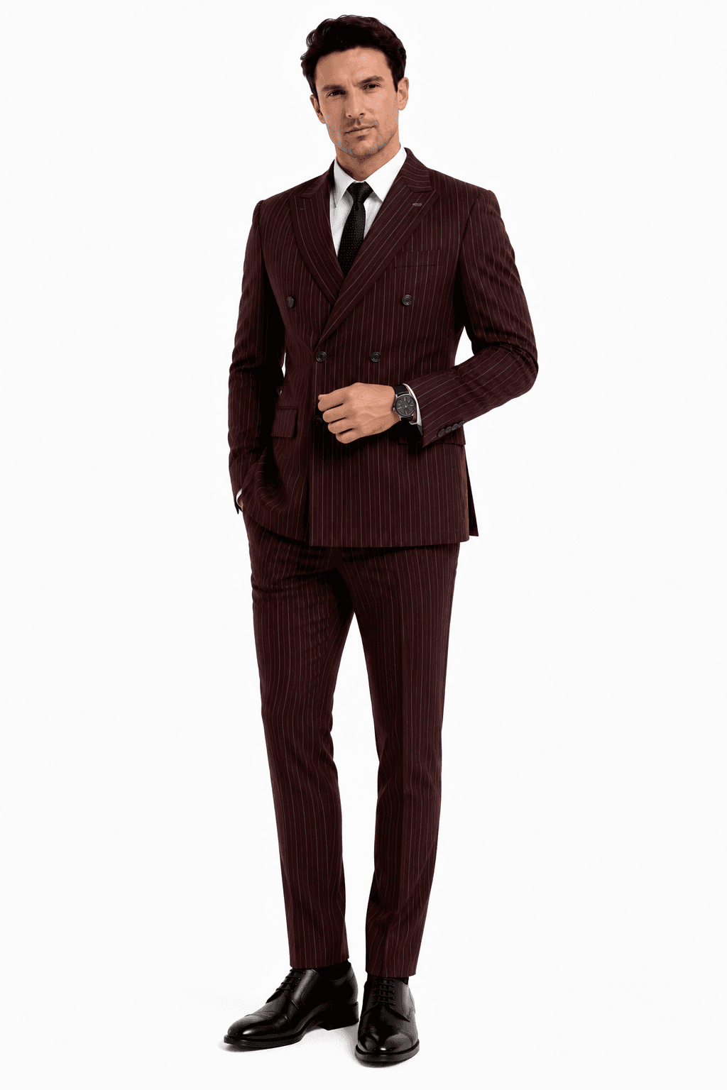 Tazzio Pinstripe Suits in Burgundy